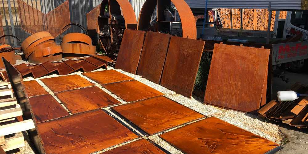 Assorted sheets of corten steel outdoor